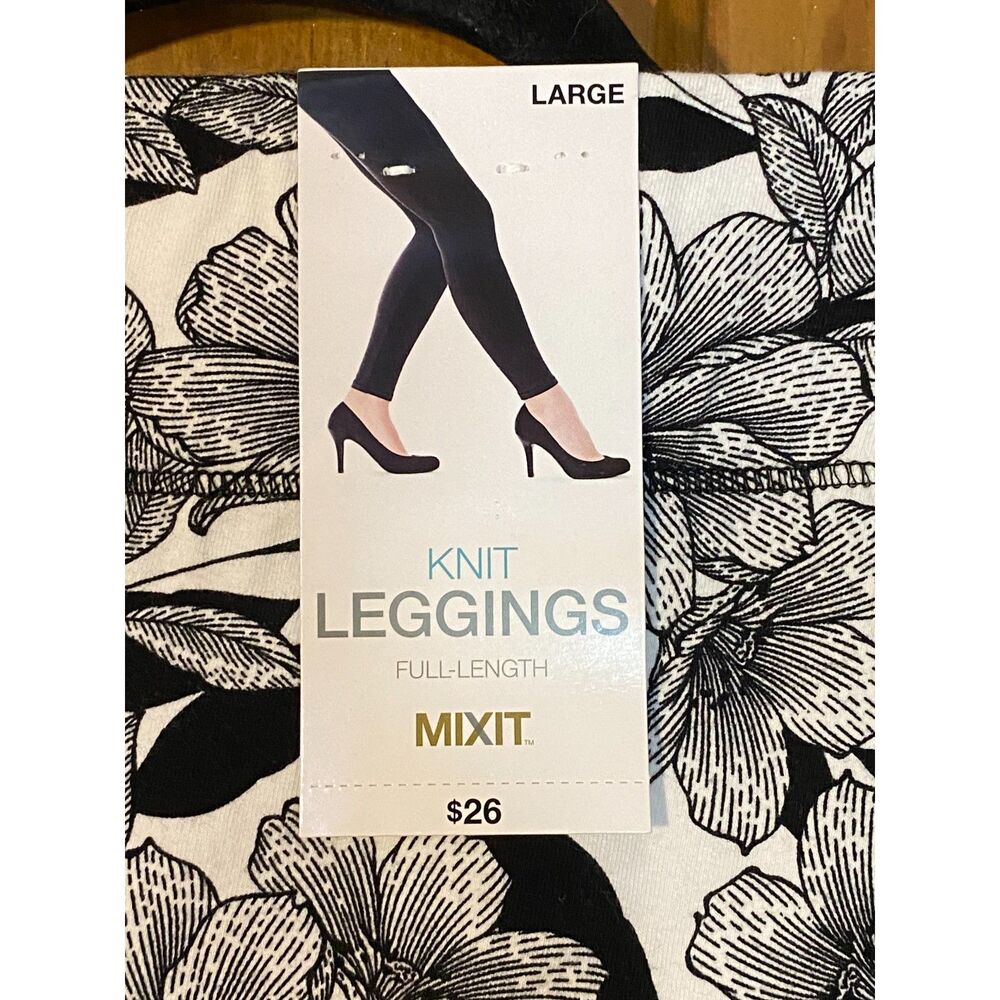 NWT Mixit Knit Full Length Leggings Women's Large Black White Floral Stretch